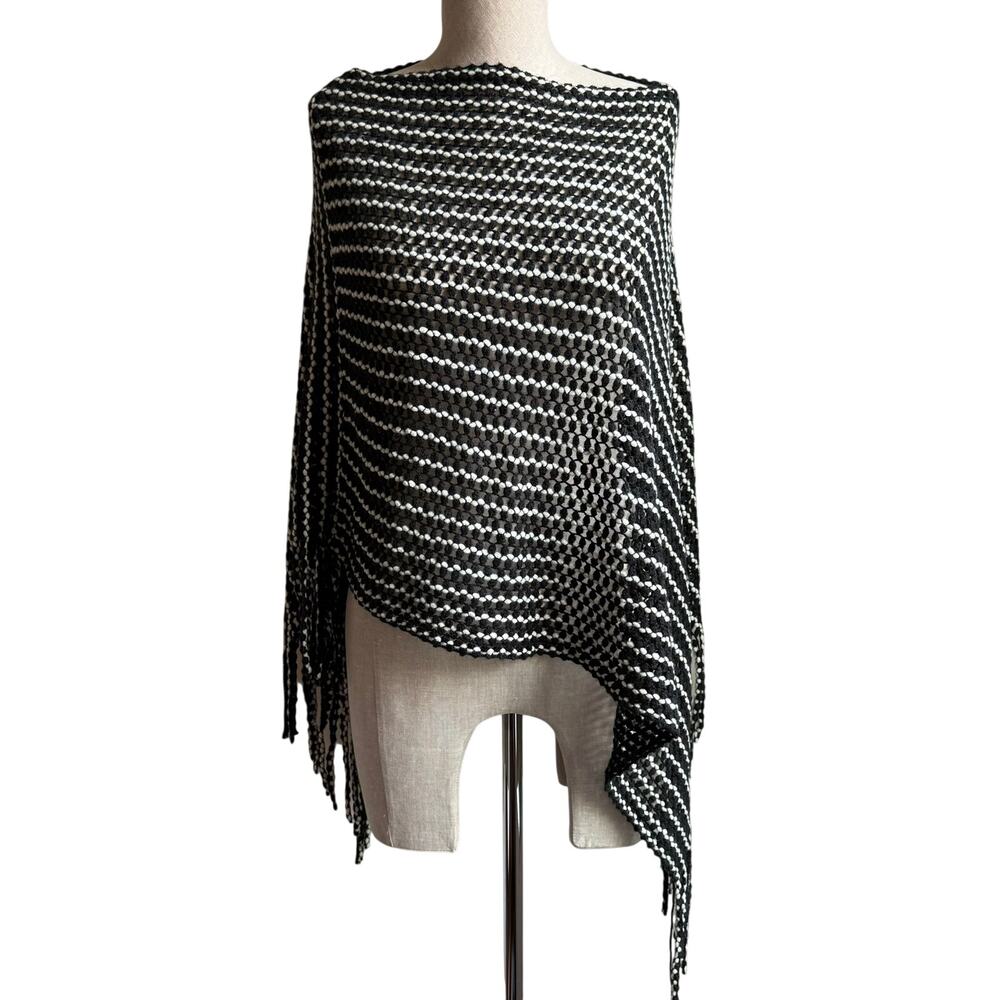 Steve Madden Knit Fringe Poncho Black White Open Knit Asymmetrical OS